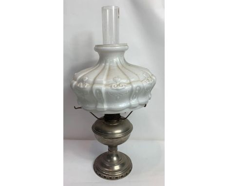 A 20th century lamp with a chrome base and milk glass shade, 30cm high excluding shade and chimney