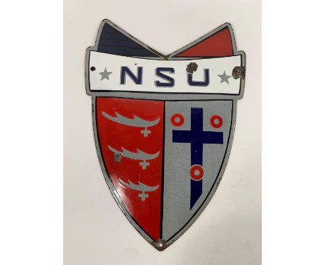 A shield shaped enamel sign, the top right hand corner a triangle of dark blue with black horizontal lines through it, and th
