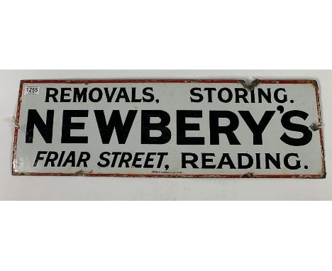 A rectangular enamel sign, white ground with red border and black text - removals, storing. Newbery's Friar Street, Reading -