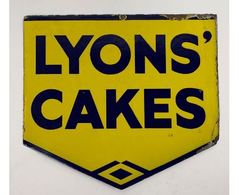 A double sided Lyons' Cakes enamel sign, of rectangular form with pointed base, on a yellow ground with dark blue text and bo