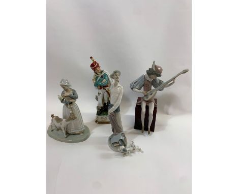 A Lladro porcelain figure of a courtier playing the lute, on wooden block base; a Lladro porcelain figure of a woman holding 