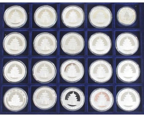 China, a collection of nineteen Chinese Panda 30g .999 silver 10 Yuan coins, dates to include 1999, 2000, 2003, 2005 - 2020 i