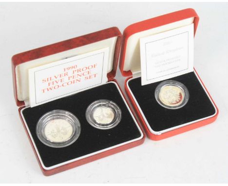 United Kingdom, Royal Mint 1990 silver proof five pence two coin set, boxed with certificate, together with a 2002 silver pie