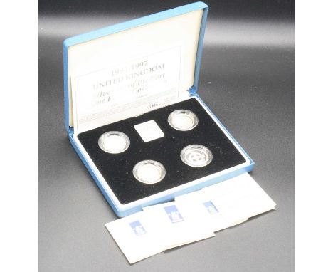 United Kingdom, Royal Mint 1994-1997 silver proof piedfort £1 collection, boxed with certificates. (1)