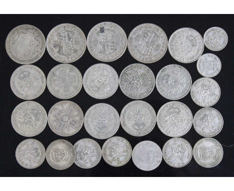 Great Britain, a small collection of pre-1947 coins to include half crowns x4, florins/two shillings x11, shillings x9 and si