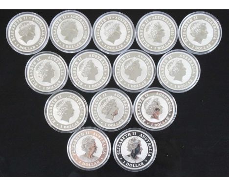 Australia, a collection of fourteen Australian Koala one ounce fine silver $1 dollar coins, dates to include 2007-2020 inclus