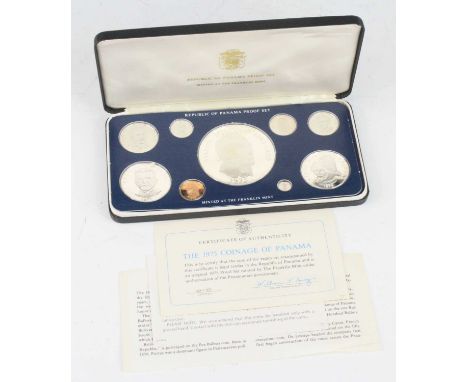 Republic of Panama, Franklin Mint 1975 nine coin proof set, Twenty Balboas to One Centesimo, cased with certificates. (1)