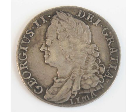 Great Britain, 1745 shilling, George II old laureate draped bust with Lima below, rev; crowned cruciform shields, plain angle