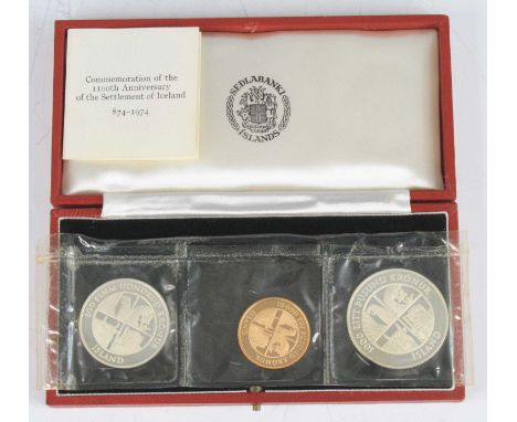 Iceland, Sedlabanki Islands, Commemoration of the 1100th anniversary of the settlement of Iceland 874-1974 3-coin proof set, 