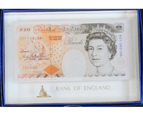 Great Britain, Bank of England ten pound note, A01 002156, Chief Cashier Graham Kentfield, together with a five pound note, A