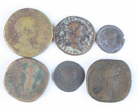 Ancient Rome and later, a collection of coins to include Hadrian sestertius, Domitian dupondius, Crispus votive, Commodus ses