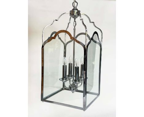 HALL LANTERN, Georgian inspired chrome with glazed panels and arched side with four-light pendant, 76cm H x 35cm W. 
