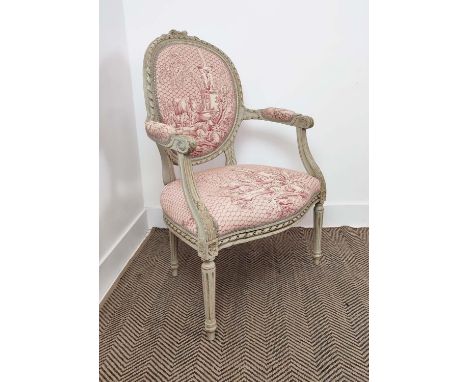 FAUTEUIL, Louis XVI style grey painted with red toile de jouy upholstery, 94cm H x 61cm x 60cm. 