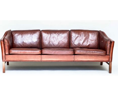 DANISH SOFA, 1970s hand finished soft tan leather three seater with teak supports, 204cm. 