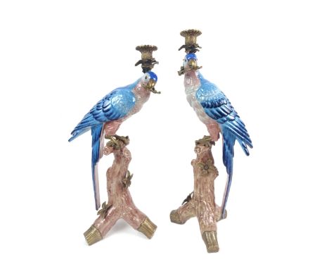 PARROT CANDLESTICKS, a pair, blue and white ceramic and gilt metal, 50cm H. (2) 