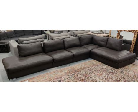 BOCONCEPT CENOVA CORNER SOFA, brown leather upholstery on chrome feet, 85cm H x 398cm W x 234cm D. 