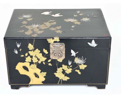 TRUNK, 20th century Chinese lacquered and chinoiserie hand painted with silvered metal mounts, 69cm W x 48cm D. 