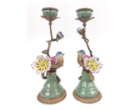 BIRD CANDLESTICKS, a pair, ceramic and gilt, 30cm H. (2) 