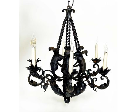 CHANDELIER, scrolling and twisted wrought iron in antique finish with six candle lights, 73cm H. 