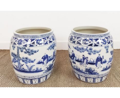PLANTERS, a pair, blue and white ceramic, 42cm H x 40cm W. 