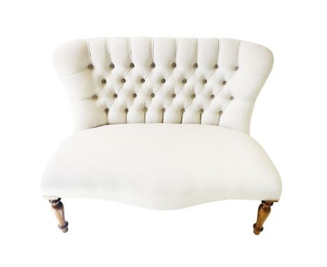 SOFA, Victorian style, neutral buttoned back upholstery on turned front supports, 107cm x 80cm H x 65cm. 