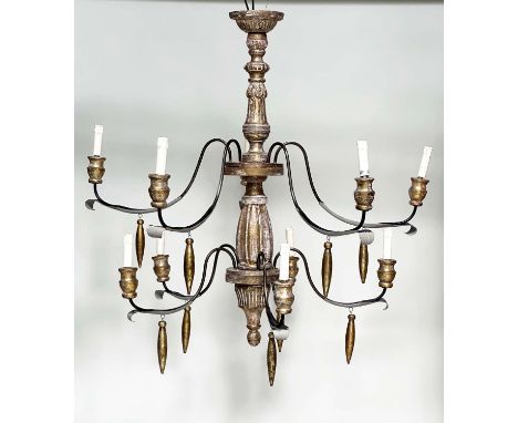 CHANDELIER, ten light two tier giltwood and metal framed with giltwood tear drops, 115cm H x 110cm W. 