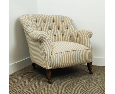 ARMCHAIR, late Victorian in sand coloured striped fabric on ceramic castors, 73cm H x 76cm x 83cm. 
