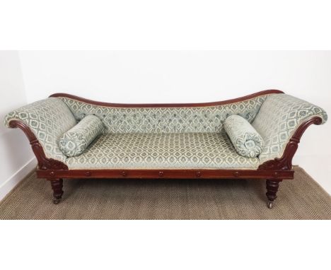 WILLIAM IV MAHOGANY SOFA, circa 1835. deep buttoned back, sprung upholstered seat, raised on turned supports, 84cm H x 240cm 