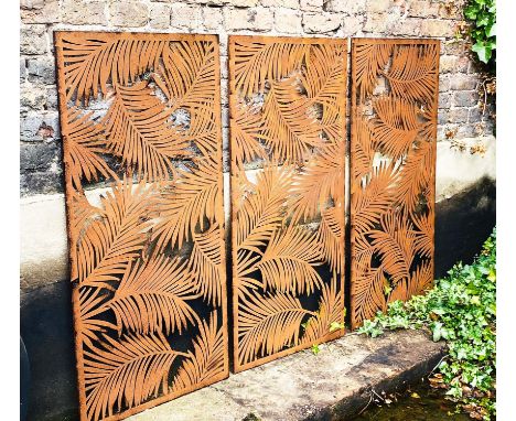 ARCHITECTURAL GARDEN PANELS, a set of three, in metal with palm leaf decoration, each panel, 120cm H x 60cm W. (3) 