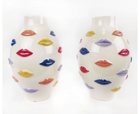 CERAMIC VASES, a pair, decorated with multi-coloured lips, 41cm H x 23cm W. (2) 