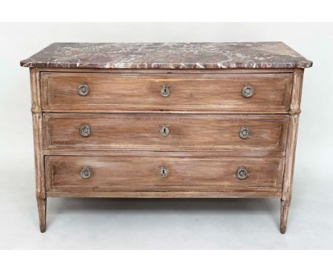 DIRECTOIRE COMMODE, late 18th century  French walnut and silvered mounted with three long drawers, fluted pillars and breche 