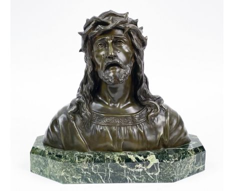 BRONZE BUST OF JESUS, signed Ruffony (1846-1925), on green faceted marble base, 25cm H x 28cm L x 14cm D. 