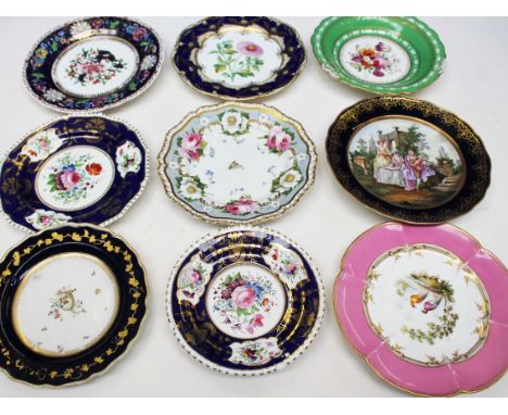 A group of nine porcelain plates/dishes, various makes include Derby, Chelsea, Meissen, Spode etc. Condition - green dish app