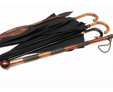 Two umbrellas, a walking stick, a club and a spear.