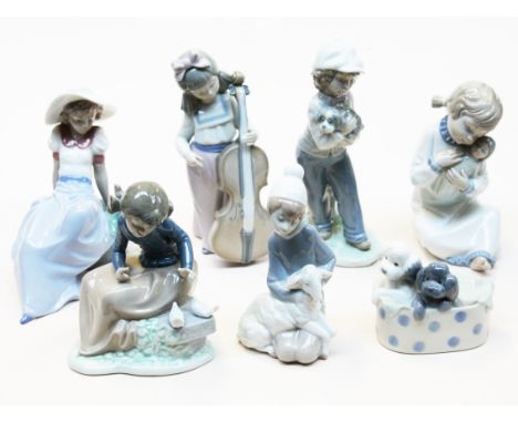 A group of six Nao figures and one Lladro figure (girl with lamb). Condition - Nao figure girl with cello bow missing otherwi