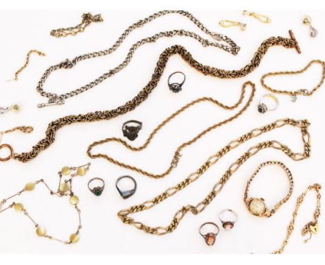A mixed lot comprising a 9ct gold bracelet wt. 4.1g, a 9ct gold Rotary wristwatch, silver and other jewellery