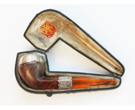 A hallmarked silver mounted pipe with wooden bowl and amber mouth piece