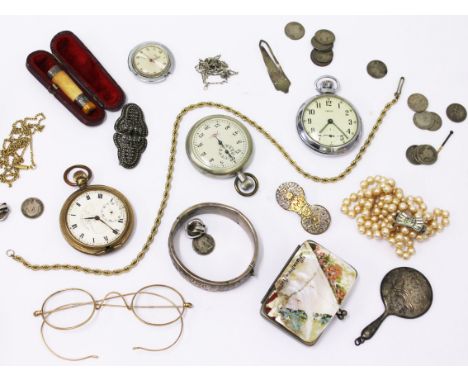 A mixed lot to include three pocket watches, a silver bangle, gold plated spectacles etc.