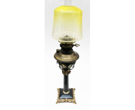 A gilt metal and marble oil lamp with etched glass shade. H74cm. Condition - wear to metal areas, shade appears damage free.