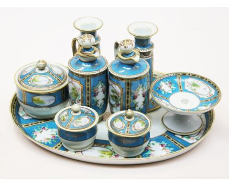 A Noritake porcelain dressing table set. L33cm. Condition - pedestal bowl cracked, lid off one pot cracked and repaired, cork