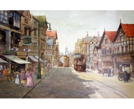 K Cherrington. "Breezy Morning Eastgate St. Chester". Watercolour. 46cm x 35cm. Signed.