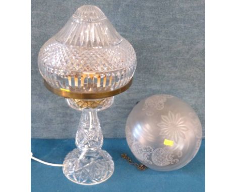 Cut glass table lamp together with an etched glass hanging shade We do not supply condition reports for our Interiors Sale