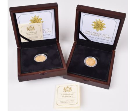 Two cased 2014 Jersey 22 carat gold proof One Pound coins, with obverse portrait by Ian Rank-Broadley and reverse showing a g