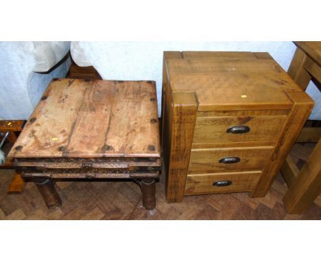 Hardwood Indian lamp table with metal studs and brackets, 60cm square and small rustic pine chest of three drawers with scoop