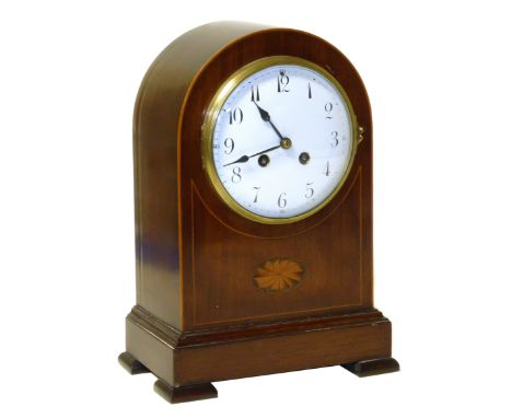 Edwardian mahogany and inlaid 8-day mantle clock with enamel dial and French movement We do not supply condition reports for 