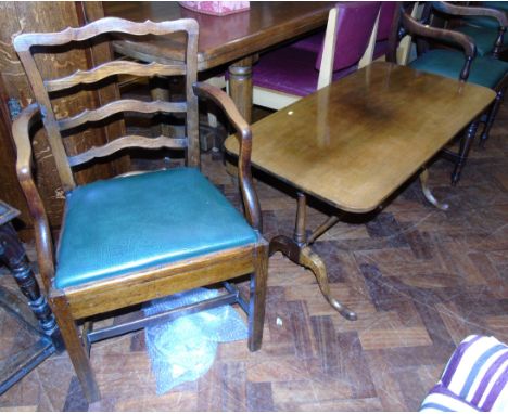 Oak ladder-back carver chair and mahogany coffee table We do not supply condition reports for our Interiors Sale