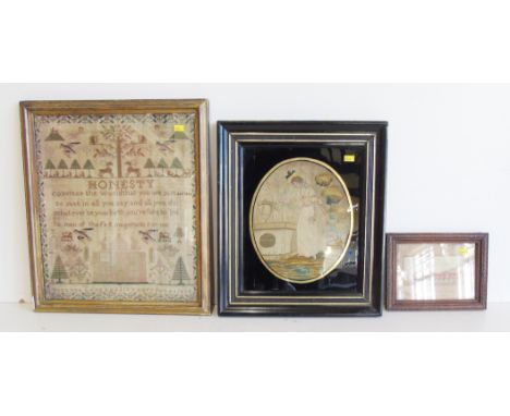 Nineteenth century "Honesty" sampler by Susanna Long, 1838, together with framed oval regency silk work picture and framed "P