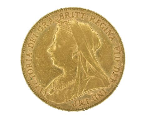 Queen Victoria, Sovereign, 1899, Old veiled bust l. R. St. George and dragon, London mint, edge milled, gold, weight 8.0g, S.