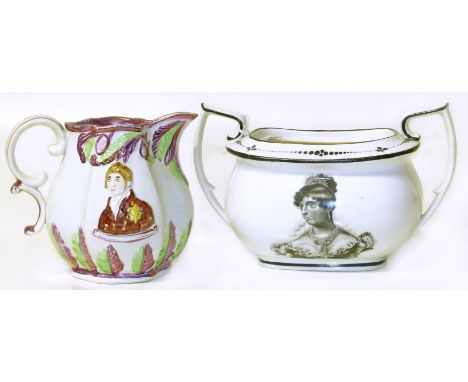 Staffordshire pottery jug commemorating the marriage of Princess Charlotte and Prince Leopold circa 1816, 11cm high Also a ba