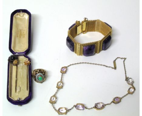 A selection of amethyst and gem set jewellery, to include an amethyst riviere necklace, an amethyst panel bracelet, a jade, p